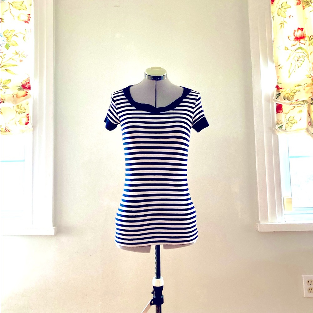 Navy & White Striped, Short Sleeved Top, Size Small